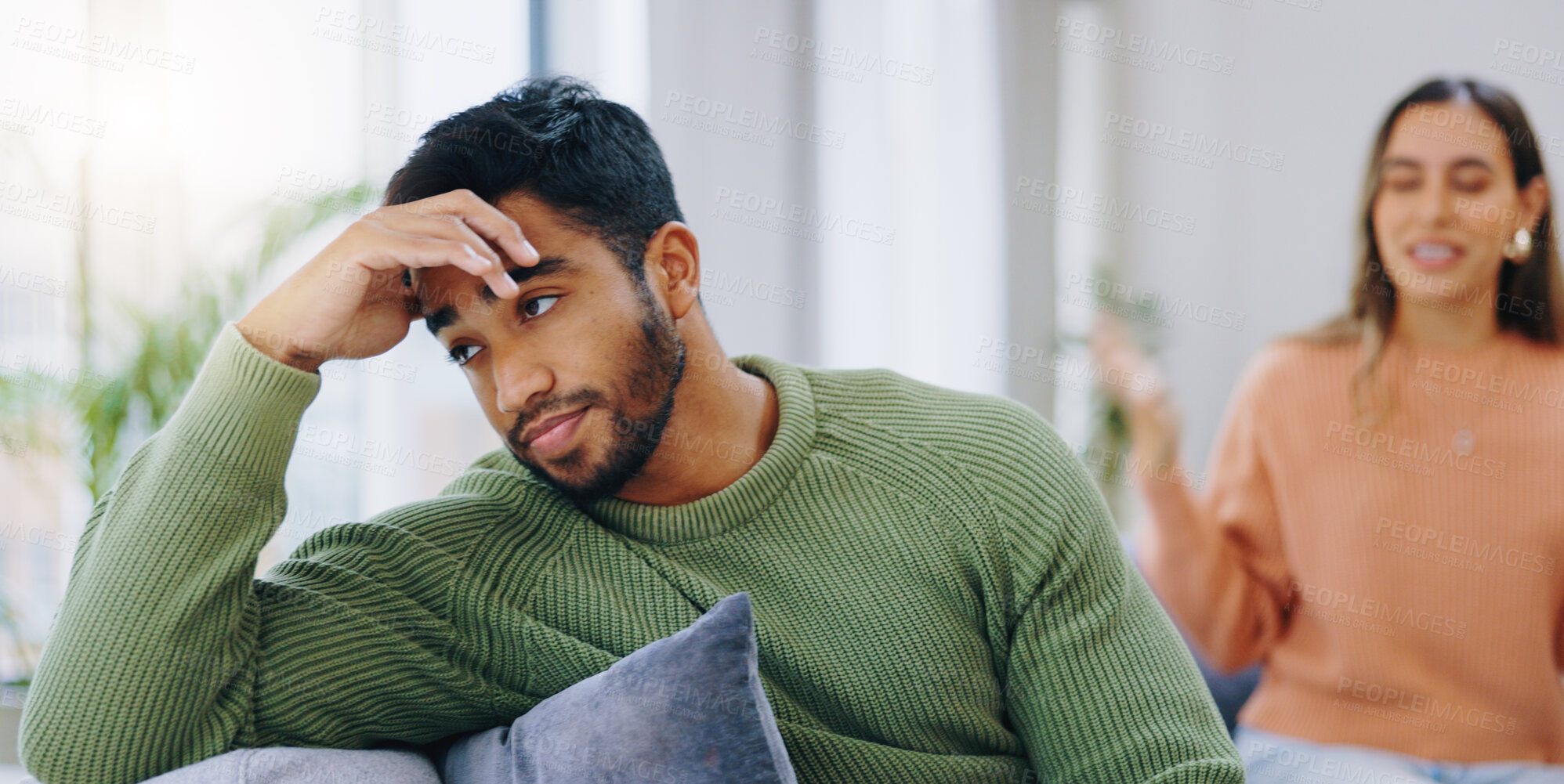 Buy stock photo Couple, home and fight on sofa, sad and angry with stress, mental health and headache with relationship crisis. Man, woman and together on lounge couch with conflict, anxiety and mistake in marriage