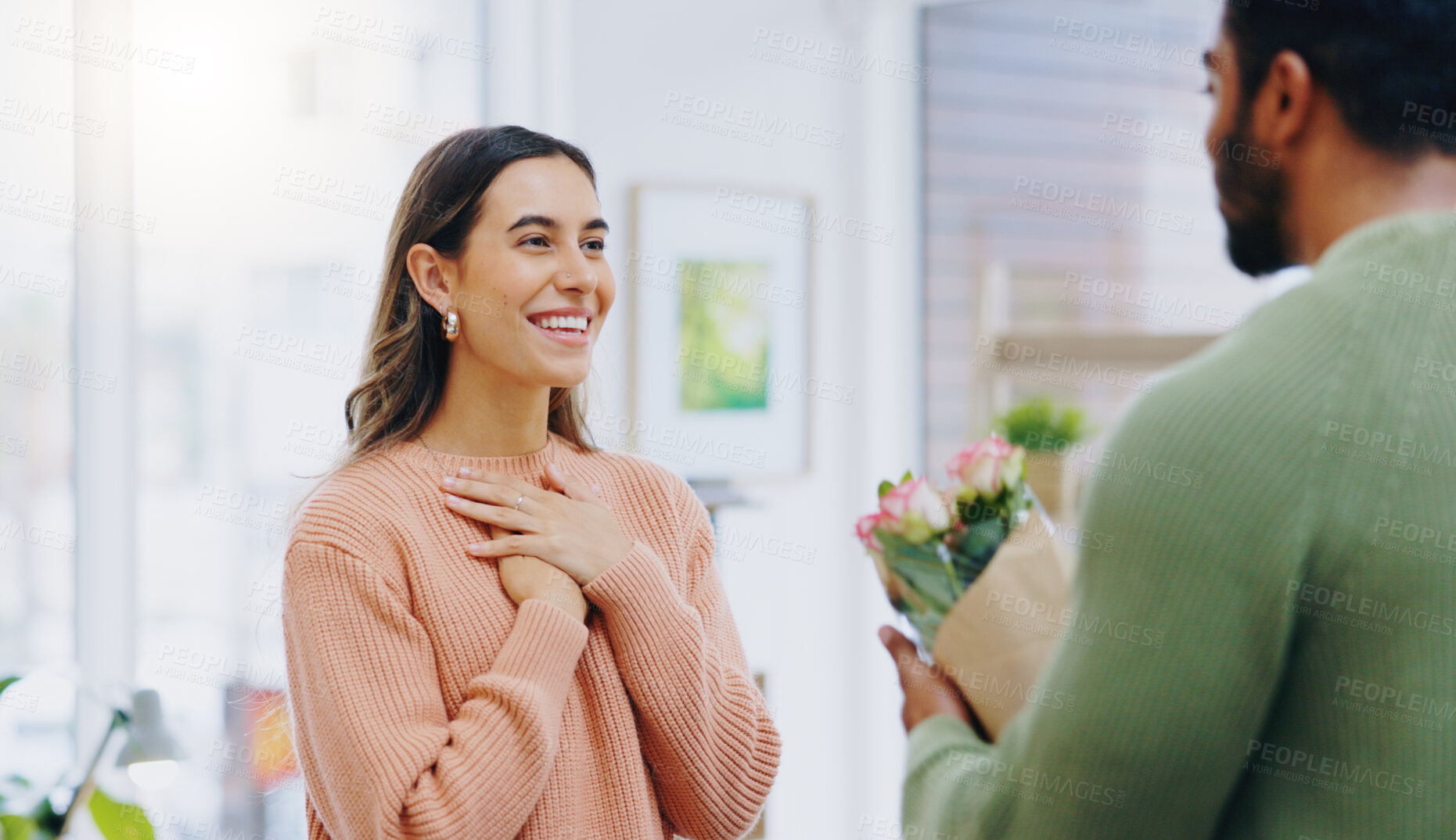 Buy stock photo Man, woman and giving bouquet of flowers for smile, care or love for birthday, anniversary or celebration. Couple, roses and happy for present, gift or surprise for bonding, romance and home together