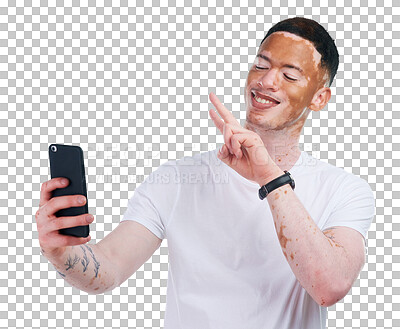 Buy stock photo Happy man, face and peace sign with vitiligo for selfie or photography isolated on a transparent PNG background. Male person or model smile with skin pigmentation for photograph, picture or capture