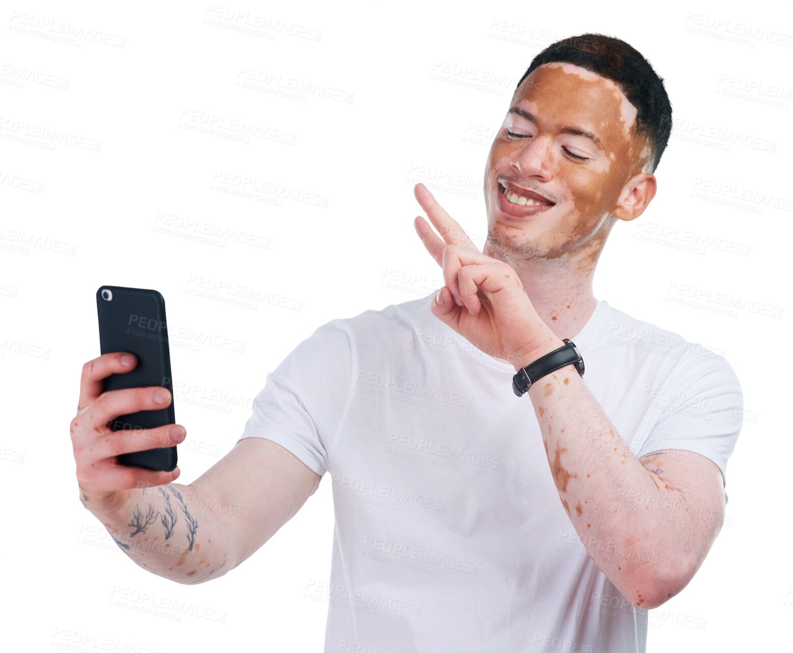 Buy stock photo Happy man, face and peace sign with vitiligo for selfie or photography isolated on a transparent PNG background. Male person or model smile with skin pigmentation for photograph, picture or capture