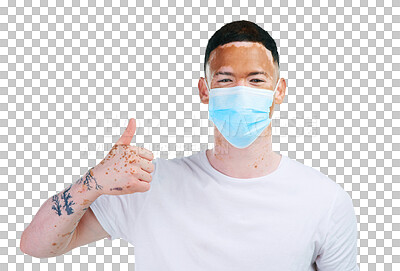 Buy stock photo Happy man, portrait and vitiligo with thumbs up, mask or thank you isolated on a transparent PNG background. Face of male person or model with like emoji, yes sign or OK for skin pigmentation