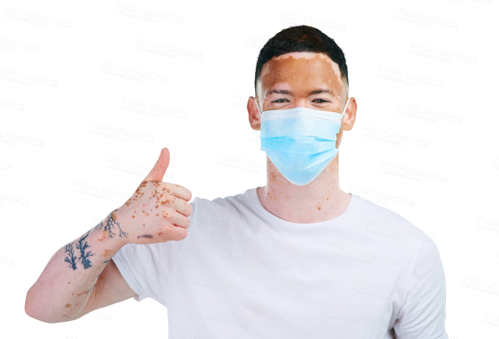 Buy stock photo Happy man, portrait and vitiligo with thumbs up, mask or thank you isolated on a transparent PNG background. Face of male person or model with like emoji, yes sign or OK for skin pigmentation