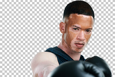 Buy stock photo Man with vitiligo, portrait and boxing for fight, self defense or training isolated on a transparent PNG background. Face of male person, boxer or fighter with skin pigmentation and gloves in sport