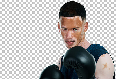 Buy stock photo Man, portrait and boxer for fight, self defense or sports training isolated on a transparent PNG background. Face of male person, boxing or fighter with skin pigmentation and gloves in sport