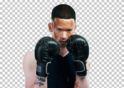 Buy stock photo Vertiligo man, portrait and fighter for boxing, self defense or training isolated on a transparent PNG background. Face of male person, boxer or fighting with skin pigmentation or gloves in sports