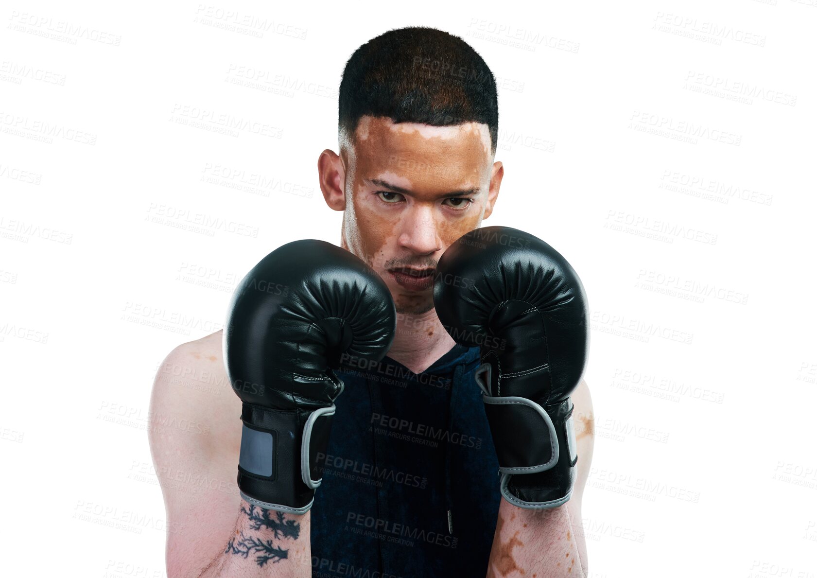 Buy stock photo Vertiligo man, portrait and fighter for boxing, self defense or training isolated on a transparent PNG background. Face of male person, boxer or fighting with skin pigmentation or gloves in sports