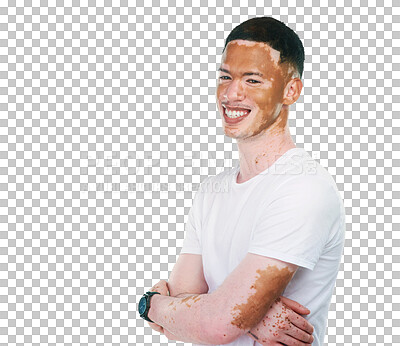 Buy stock photo Isolated man, happy and arms crossed with fashion, thinking and vision with style by transparent png background. Student guy, face and person with vitiligo, trendy tshirt and unique with memory