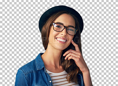 Buy stock photo Fashion, glasses or portrait of happy woman with hat on isolated, transparent or png background. Smile, face or fashionable model with casual style, outfit or clothes, confidence or positive attitude