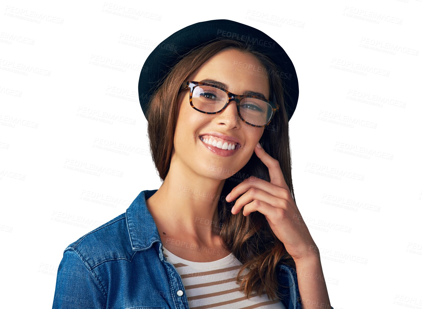 Buy stock photo Fashion, glasses or portrait of happy woman with hat on isolated, transparent or png background. Smile, face or fashionable model with casual style, outfit or clothes, confidence or positive attitude