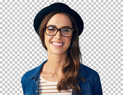 Buy stock photo Happy, glasses and portrait of woman with smile on isolated, png and transparent background. Optometry, fashion frames and face of person with prescription lens for vision, eyesight and wellness