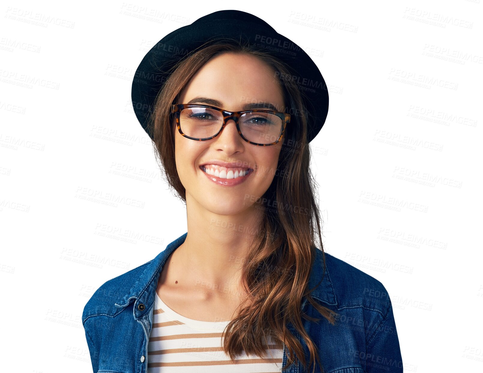 Buy stock photo Happy, glasses and portrait of woman with smile on isolated, png and transparent background. Optometry, fashion frames and face of person with prescription lens for vision, eyesight and wellness