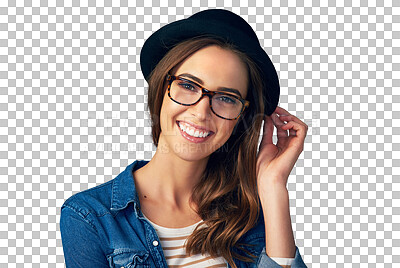 Buy stock photo Happy, glasses and portrait of woman with hat on isolated, png and transparent background. Optometry, fashion frames and face of person smile with prescription lens for vision, eyesight and wellness