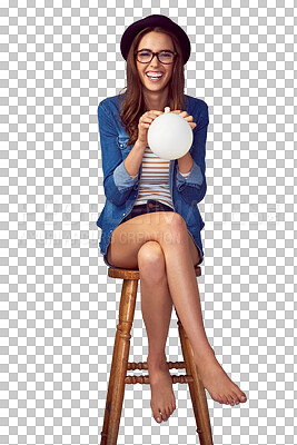 Buy stock photo Portrait, woman and smile for blowing balloon on chair in casual fashion while isolated on transparent png background. Trendy, excited and young hipster laugh for party decoration, celebration or fun