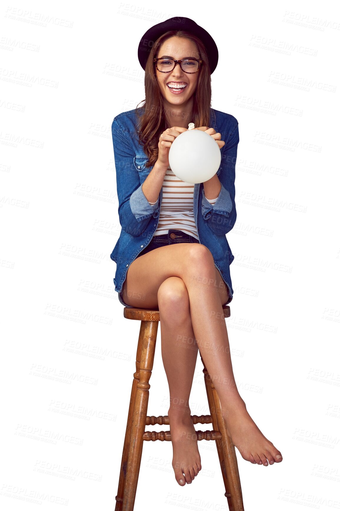 Buy stock photo Portrait, woman and smile for blowing balloon on chair in casual fashion while isolated on transparent png background. Trendy, excited and young hipster laugh for party decoration, celebration or fun