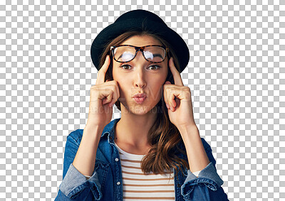 Buy stock photo Glasses, smile and woman portrait with hipster, gen z and modern fashion with silly pout. Comedy, happy and face of female person with funny joke and model isolated on a transparent, png background