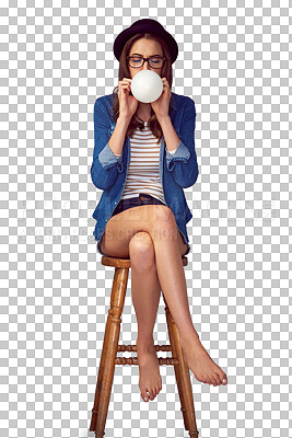 Buy stock photo Party, celebration and woman blowing balloon on a chair against isolated, transparent or png background. Event, inflatable and female model getting ready on stool for fun, birthday or congratulations