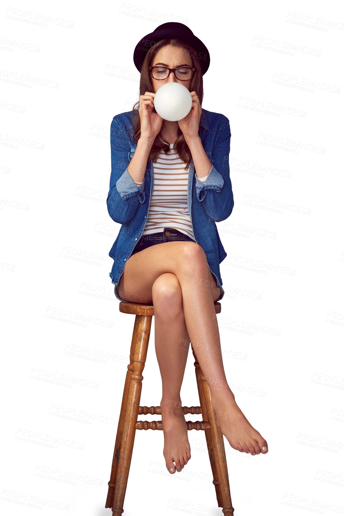 Buy stock photo Party, celebration and woman blowing balloon on a chair against isolated, transparent or png background. Event, inflatable and female model getting ready on stool for fun, birthday or congratulations