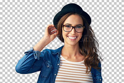 Buy stock photo Happy, glasses and portrait of woman with hat on isolated, png and transparent background. Optometry, fashion frames and face of person with prescription lens for vision, eyesight and wellness 