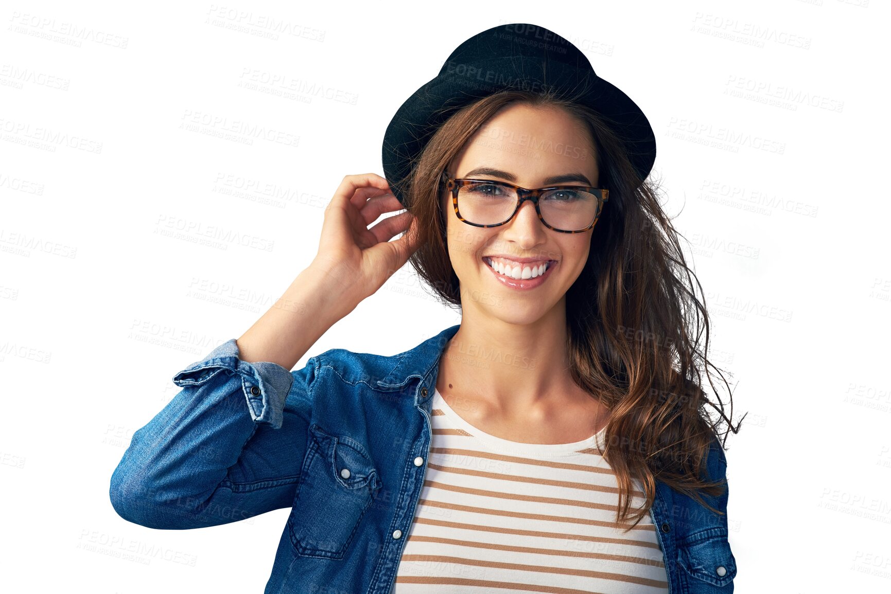 Buy stock photo Happy, glasses and portrait of woman with hat on isolated, png and transparent background. Optometry, fashion frames and face of person with prescription lens for vision, eyesight and wellness 