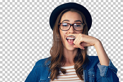 Buy stock photo Woman, funny moustache portrait and finger for smile, creative or isolated by transparent png background. Girl, glasses or fashion for comic emoji, joke or art on hand for beard, clothes or laugh