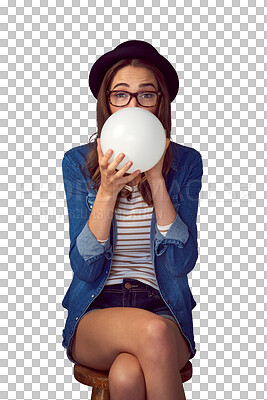 Buy stock photo Blowing, balloon and portrait of woman on chair on isolated, png and transparent background. Happy, fashion and person with decoration for party, birthday or celebration in trendy hipster clothes