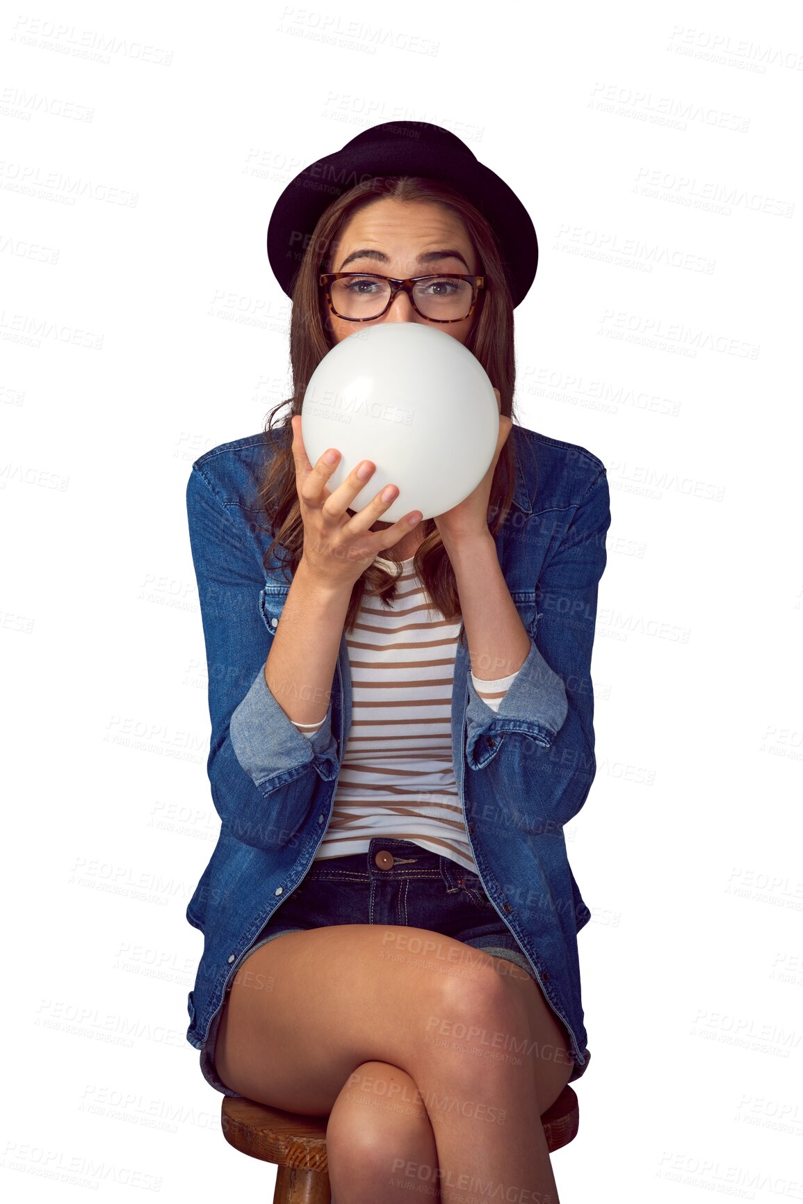 Buy stock photo Blowing, balloon and portrait of woman on chair on isolated, png and transparent background. Happy, fashion and person with decoration for party, birthday or celebration in trendy hipster clothes