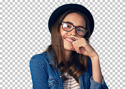 Buy stock photo Isolated woman, mustache and hand by portrait with smile, face or funny by transparent png background. Girl, glasses and retro fashion for comic emoji, joke and art on finger for beard with laugh