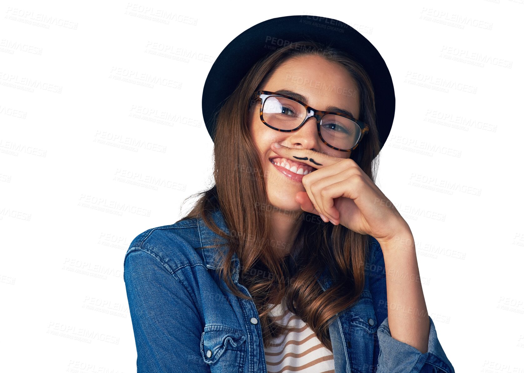 Buy stock photo Isolated woman, mustache and hand by portrait with smile, face or funny by transparent png background. Girl, glasses and retro fashion for comic emoji, joke and art on finger for beard with laugh