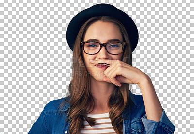 Buy stock photo Isolated woman, mustache and finger by portrait with smile, face or funny by transparent png background. Girl, glasses and retro fashion for comic emoji, joke and art on hand for beard with laugh