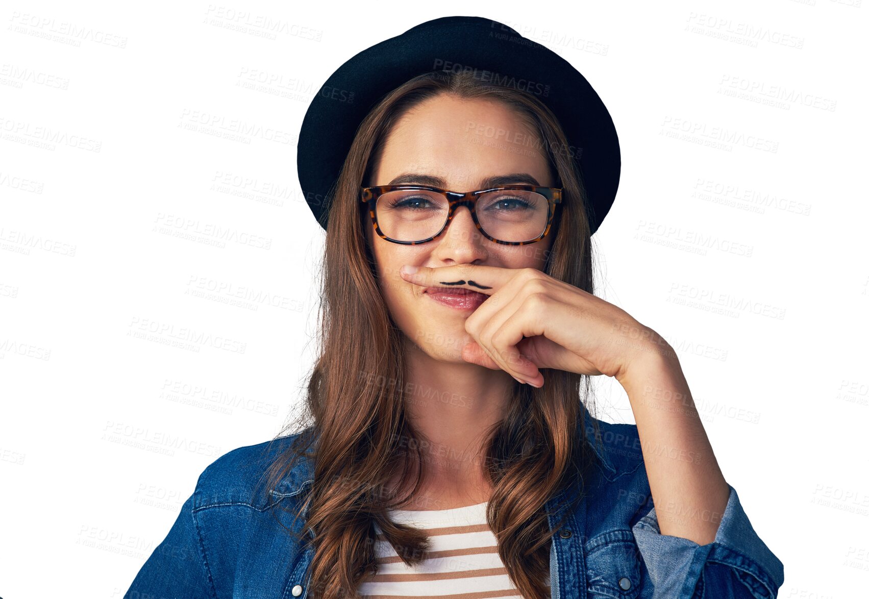 Buy stock photo Isolated woman, mustache and finger by portrait with smile, face or funny by transparent png background. Girl, glasses and retro fashion for comic emoji, joke and art on hand for beard with laugh