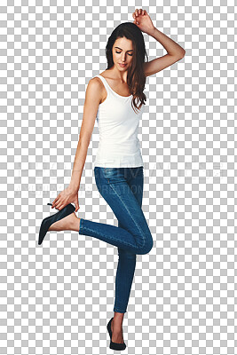 Buy stock photo Fashion, woman and high heels with modern, stylish and outfit with shoes and clothing. Female person, model and confidence with jeans clothes and style isolated on a transparent, png background