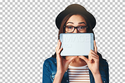 Buy stock photo Mockup, tablet or screen and eyes of woman with fashion, sale or deal on isolated, transparent png background. Digital, space or model with advertising news, offer or sign up discount, app or promo