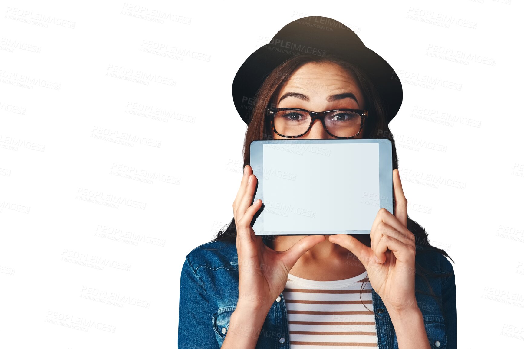 Buy stock photo Mockup, tablet or screen and eyes of woman with fashion, sale or deal on isolated, transparent png background. Digital, space or model with advertising news, offer or sign up discount, app or promo