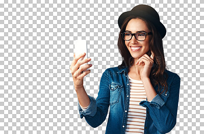 Buy stock photo Phone selfie, face and happy woman with social media on isolated, transparent or png background. Smartphone, profile picture or female fashion influencer with live streaming app, photography or blog