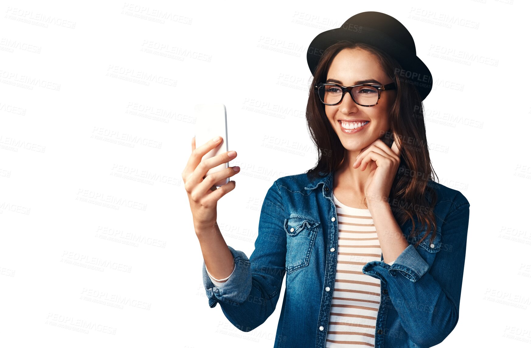 Buy stock photo Phone selfie, face and happy woman with social media on isolated, transparent or png background. Smartphone, profile picture or female fashion influencer with live streaming app, photography or blog