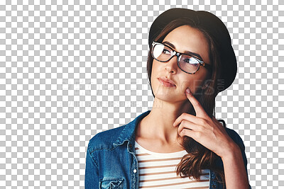 Buy stock photo Woman thinking of fashion ideas, decision or choice of inspiration of style isolated on transparent png background. Hipster, glasses or hat to daydream of solution, remember memory or planning future