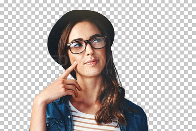 Buy stock photo Woman, thinking and ideas for fashion, planning insight and future decision isolated on transparent png background. Hipster with glasses daydream of solution, remember memory and questions of vision