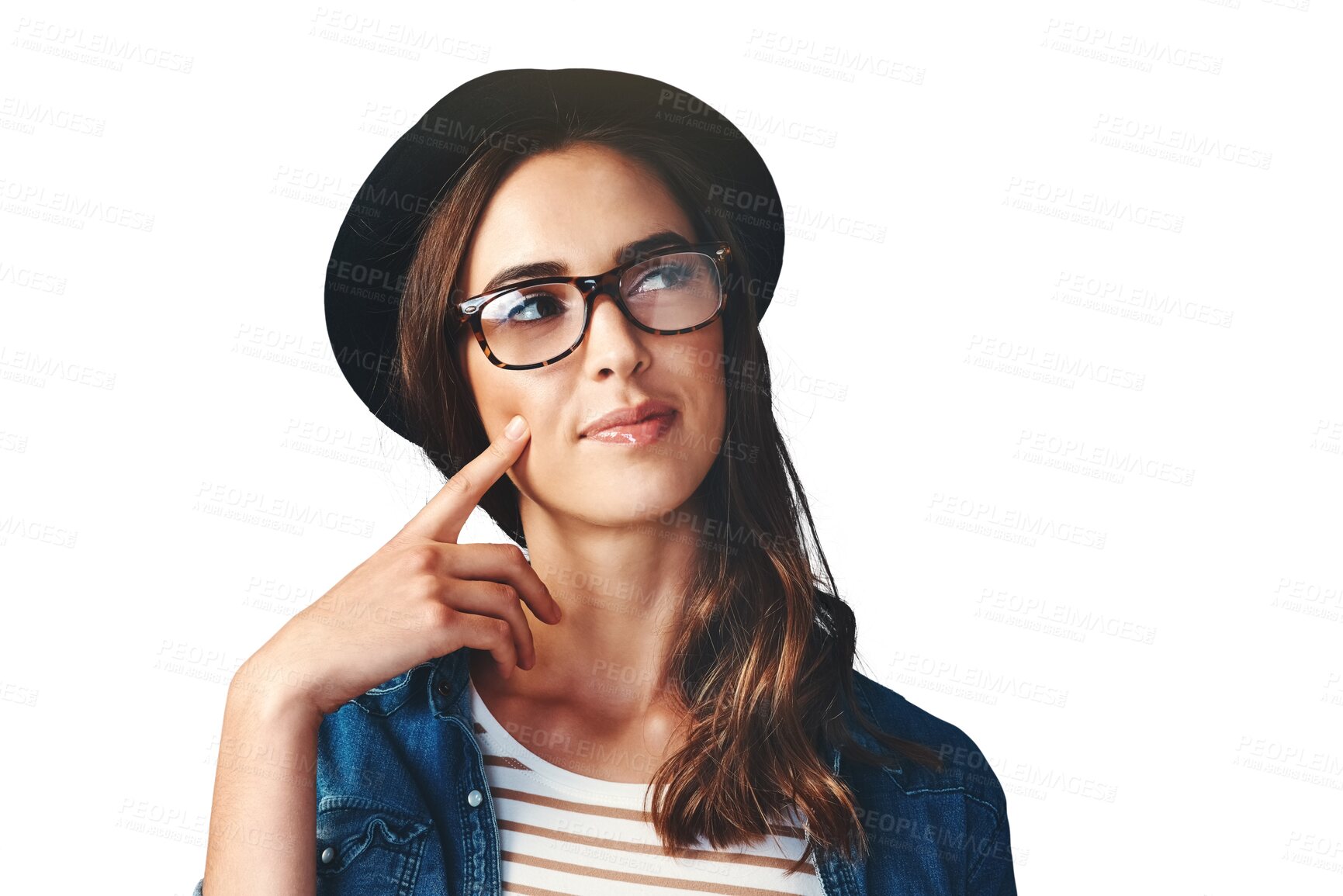 Buy stock photo Woman, thinking and ideas for fashion, planning insight and future decision isolated on transparent png background. Hipster with glasses daydream of solution, remember memory and questions of vision