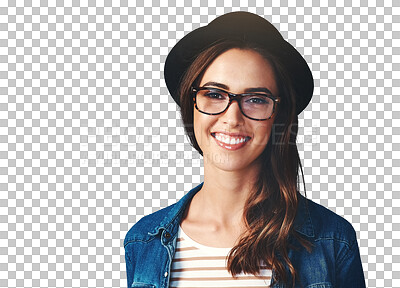 Buy stock photo Happy, glasses and portrait of woman with hat on isolated, png and transparent background. Optometry, fashion frames and face of person with prescription lens for vision, eyesight and wellness