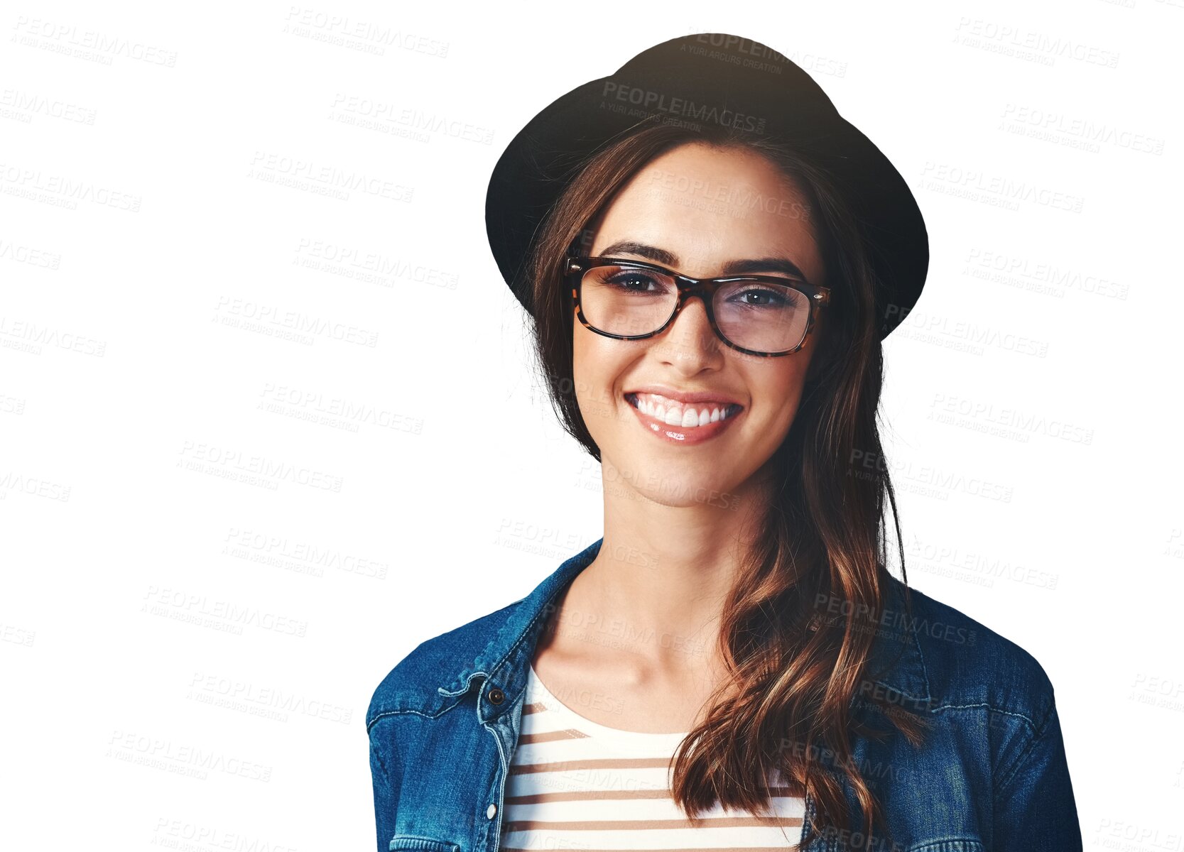 Buy stock photo Happy, glasses and portrait of woman with hat on isolated, png and transparent background. Optometry, fashion frames and face of person with prescription lens for vision, eyesight and wellness