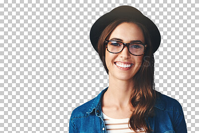 Buy stock photo Optometry, glasses and portrait of woman with smile on isolated, png and transparent background. Happy, fashion frames and face of person with prescription lens for vision, eyesight and wellness