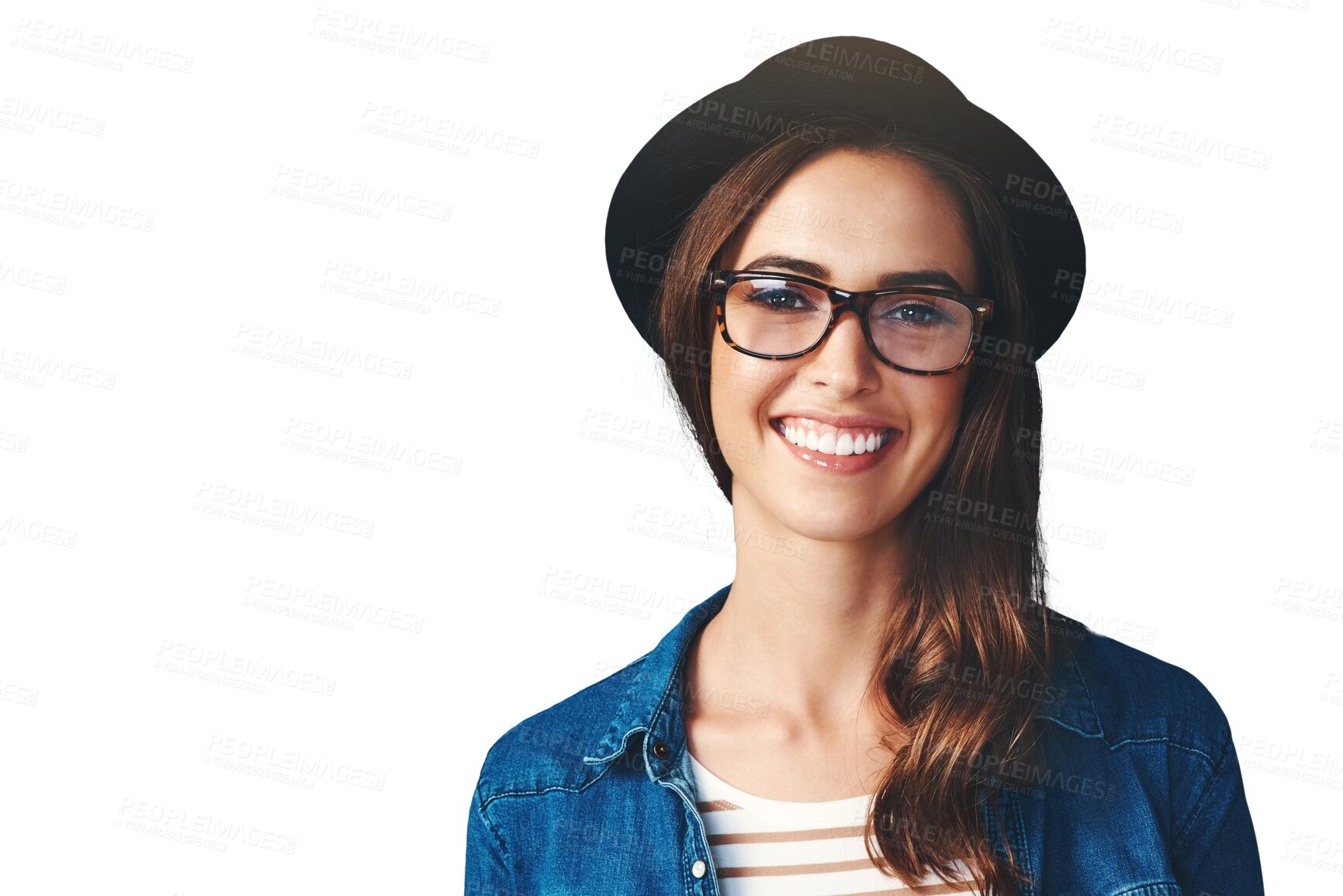 Buy stock photo Optometry, glasses and portrait of woman with smile on isolated, png and transparent background. Happy, fashion frames and face of person with prescription lens for vision, eyesight and wellness