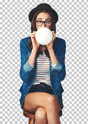 Buy stock photo Funny, face and balloon with woman blowing on chair on isolated, png and transparent background. Emoji, crossed eyes and person with decoration for party, birthday or celebration in trendy hipster