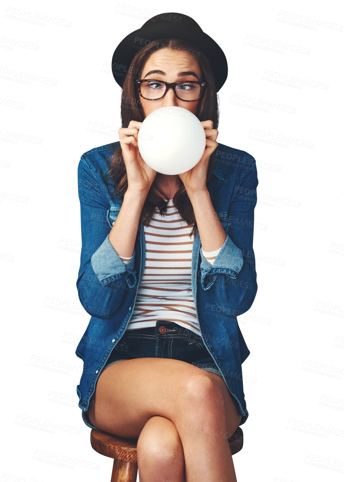 Buy stock photo Funny, face and balloon with woman blowing on chair on isolated, png and transparent background. Emoji, crossed eyes and person with decoration for party, birthday or celebration in trendy hipster