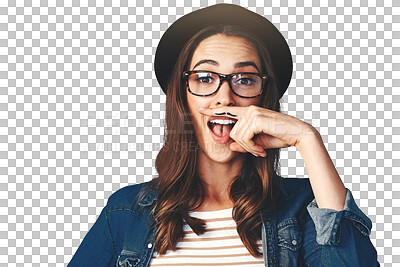 Buy stock photo Isolated woman, mustache and hand with portrait, smile and funny in face by transparent png background. Girl, glasses and retro fashion for comic emoji, joke and art on finger for beard with laugh