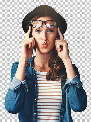 Buy stock photo Fashion, glasses and portrait of woman with pout on isolated, png and transparent background. Optometry, frames and happy person with comic, emoji and funny face for vision, eyesight and wellness