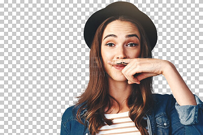 Buy stock photo Isolated woman, mustache and finger with portrait, drawing or funny in face by transparent png background. Girl, glasses and retro fashion for comic emoji, joke and art on hand for beard with lips