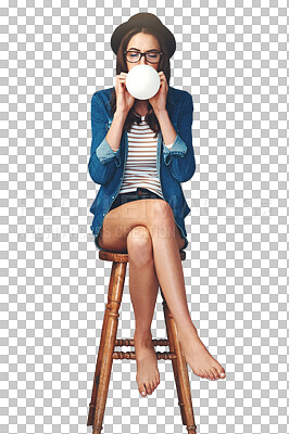 Buy stock photo Air, balloon and woman on chair with fashion on isolated, png and transparent background. Gift, present and person with decoration for party, birthday or celebration in trendy or hipster clothes