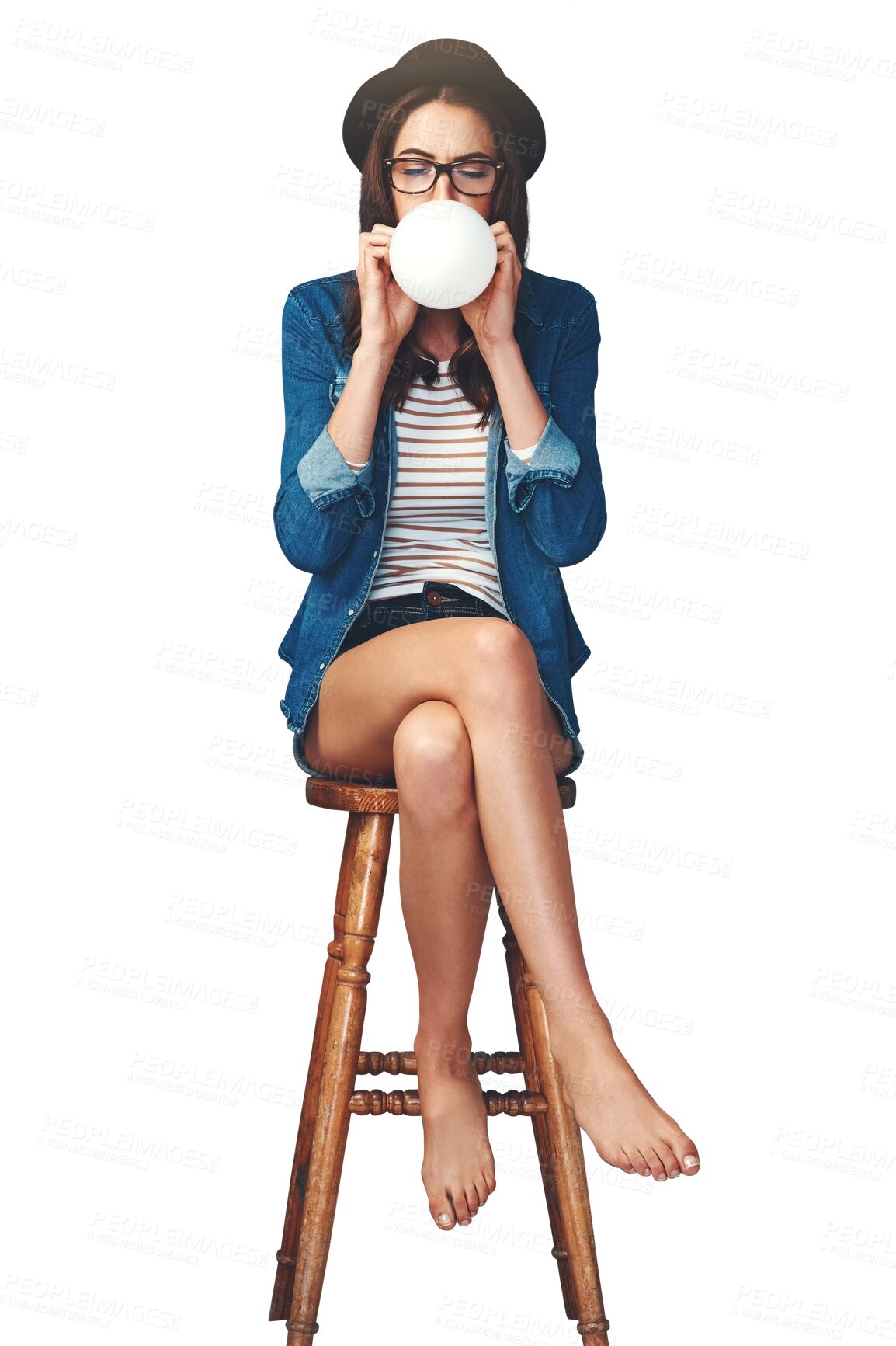 Buy stock photo Air, balloon and woman on chair with fashion on isolated, png and transparent background. Gift, present and person with decoration for party, birthday or celebration in trendy or hipster clothes