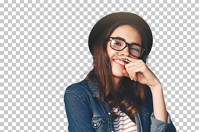 Buy stock photo Moustache, finger and smile with woman and portrait with modern and hipster outfit and youth fashion. Happy, glasses and confidence with casual clothes isolated on a transparent, png background